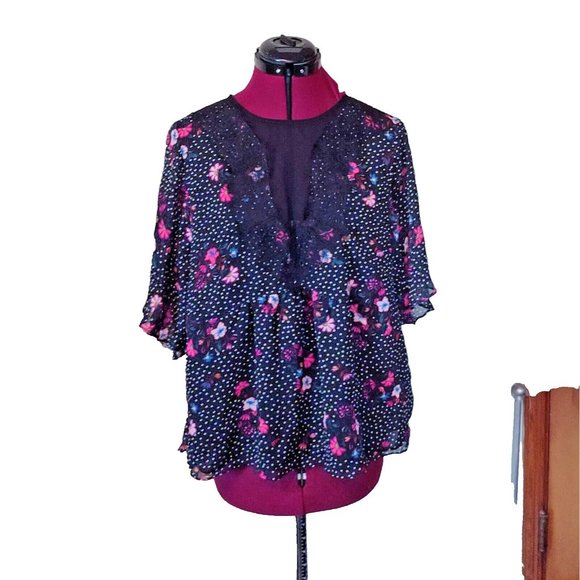 Express Blouse Multicolor Women Size Large Semi Sheer Keyhole Back Lace Trim - Picture 1 of 11